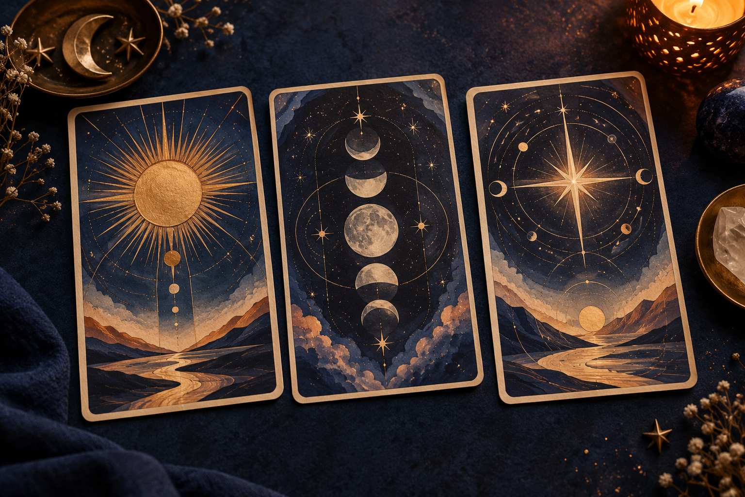 Três cartas simbólicas sobre uma mesa azul escura